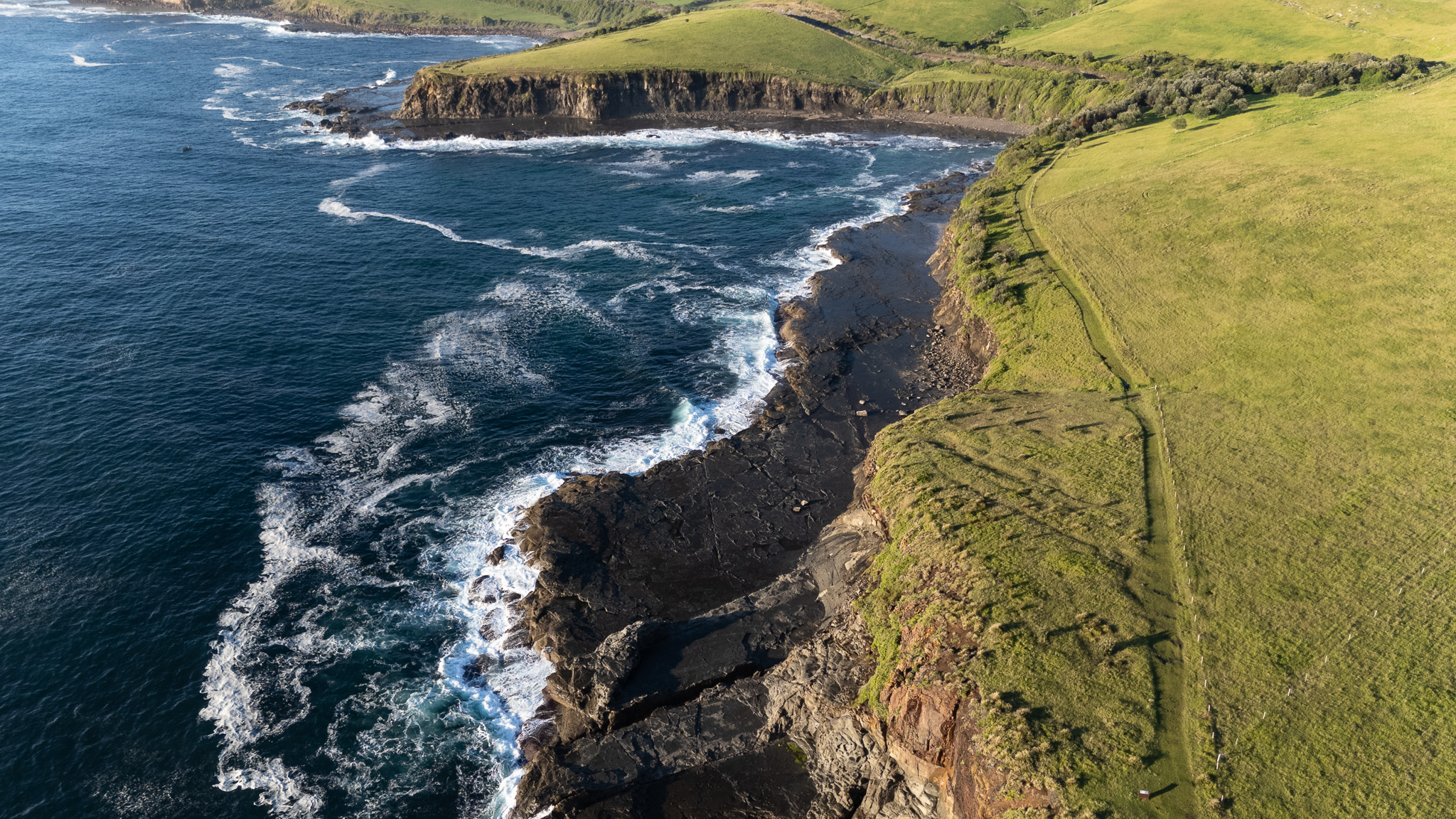 The coastline between Kiama and Gerringong — dairy paddocks meet basalt